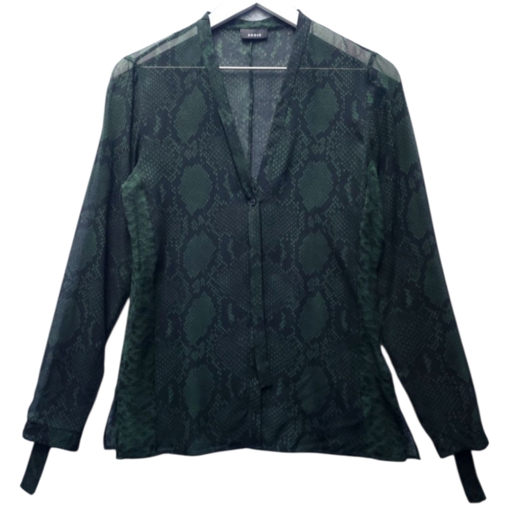 Akris Silk Snakeskin Green Sheer Vneck Long Sleeve Blouse